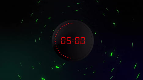 Animation-of-red-digital-timer-changing-with-red-dots-on-black-background