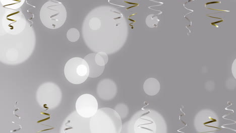 Animation-Von-Party-Luftschlangen-Und-Lichtpunkten-Auf-Grauem-Hintergrund