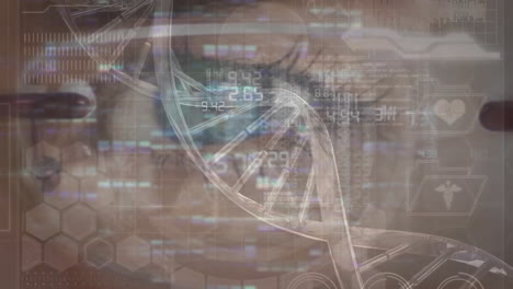 Animation-of-dna-strand-and-data-processing-over-woman's-eye-background