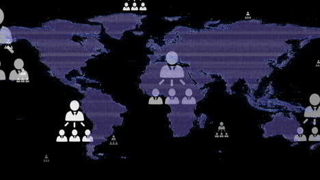 Animation-of-interference-over-world-map-and-business-icons-on-black-background