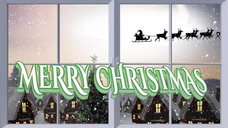 Animation-of-merry-christmas-text-and-snow-falling-over-santa-claus-in-sleigh-and-winter-scenery