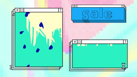 Animation-Von-Verkaufstext,-Abstraktem-Muster-Und-Türkis-Auf-Fenstern-über-Pastellfarbenem-Desktop