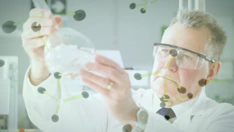Animation-of-chemical-molecules-over-caucasian-male-scientist-taking-sample-in-lab