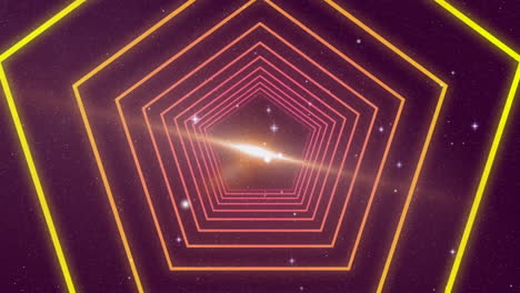 Animation-of-concentric-yellow-and-orange-hexagon-tunnel-over-lights-and-night-sky