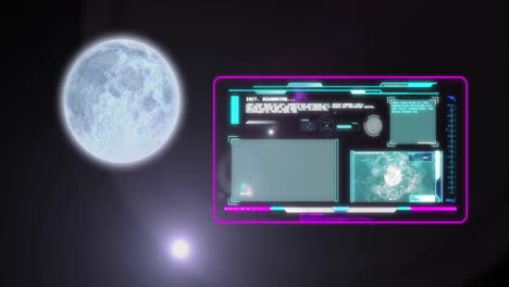 Animation-Von-Vollmond-Und-Bildschirm-Mit-Datenverarbeitung-Auf-Schwarzem-Hintergrund