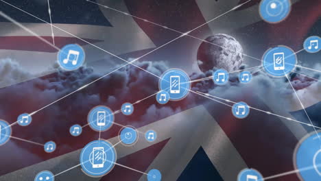 Animation-of-network-of-media-icons-over-flag-of-uk-and-cloudy-sky