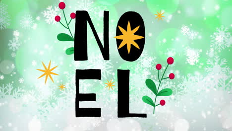 Animation-of-snow-falling-and-noel-text-over-snowflakes-on-green-background-at-christmas
