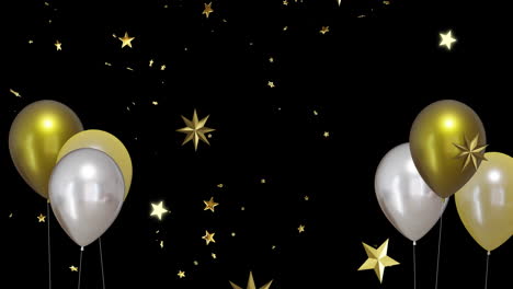 Animation-of-gold-and-silver-balloons-with-stars-on-black-background