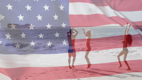 Animation-of-flag-of-usa-over-diverse-friends-on-beach-in-summer