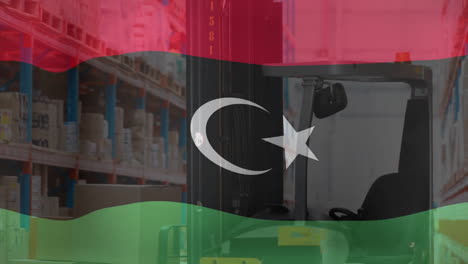 Animation-of-flag-of-libya-over-forklift-truck-in-storage-warehouse