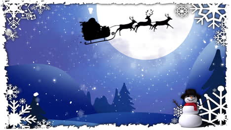Animación-De-Nieve-Cayendo-Sobre-Santa-Claus-En-Trineo-En-Un-Paisaje-Invernal