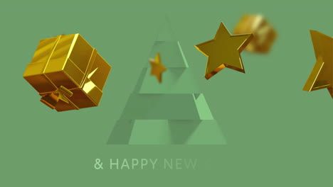 Animation-of-christmas-presents-and-stars-falling-on-green-background