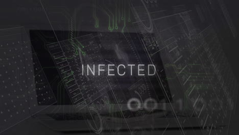 Animation-Von-Infiziertem-Text-über-Computerplatinen-Und-Datenverarbeitung