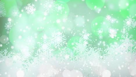 Animation-of-snow-falling-over-snowflakes-and-light-spots-on-green-background-at-christmas