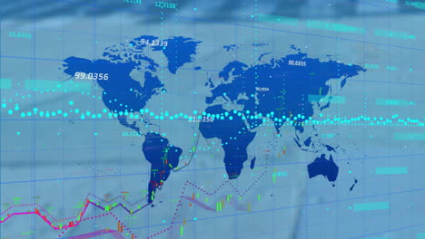 Animation-Der-Verarbeitung-Finanzieller-Daten-Mit-Weltkarte-über-Einer-Stadtstraße