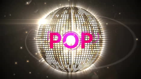 Animation-of-pop-text-over-disco-ball-on-black-background