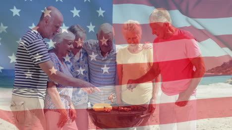 Animation-Der-Flagge-Der-USA-über-Verschiedenen-älteren-Freunden-Am-Strand-Im-Sommer