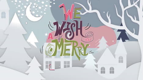 Animation-of-we-wish-a-merry-christmas-text-and-snow-falling-over-winter-scenery