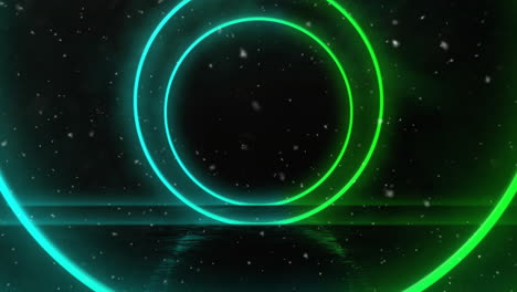 Animation-of-purple-and-green-neon-rings-advancing-over-night-sky