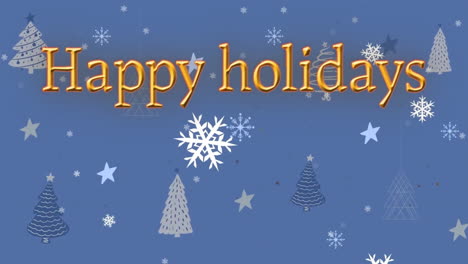 Animation-Von-Frohen-Feiertagen-Und-Schnee,-Der-über-Weihnachtsbäume-Auf-Blauem-Hintergrund-Fällt