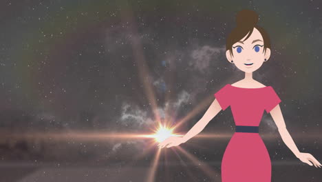 Animation-of-illustrative-talking-woman-and-lens-flares-flying-against-cloudy-sky