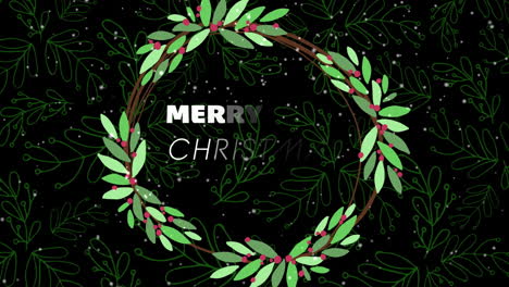 Animation-of-merry-christmas-text-and-snow-falling-over-green-wreath