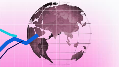 Animation-of-financial-data-processing-over-globe-on-pink-background