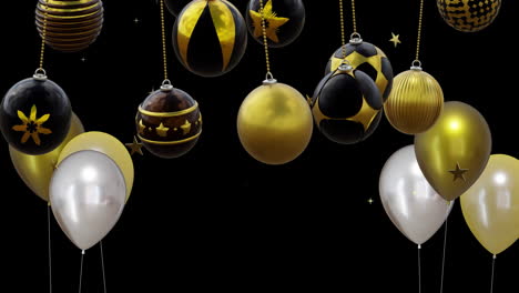 Animation-Von-Goldenen-Und-Silbernen-Luftballons-Mit-Kugeln-Auf-Schwarzem-Hintergrund