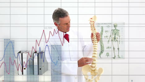 Animation-of-graphs-processing-data-over-caucasian-male-doctor-presenting-with-spine