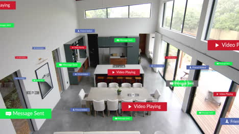 Animation-of-social-media-notifications-over-empty,-open-plan-kitchen-and-dining-room