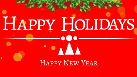 Animation-of-leaves-decoration,-happy-holidays,-happy-new-year-text-against-red-background