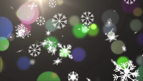 Animation-Von-Schneeflocken-über-Bunten-Lichtpunkten-Auf-Schwarzem-Hintergrund