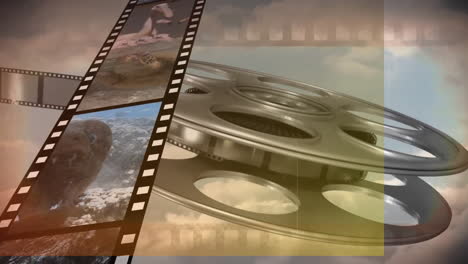 Animation-of-multiple-wild-animal-in-film-reel-over-spinning-roll-against-cloudy-sky