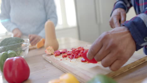 Focused-senior-diverse-couple-cooking,-cutting-vegetables-in-kitchen,-slow-motion