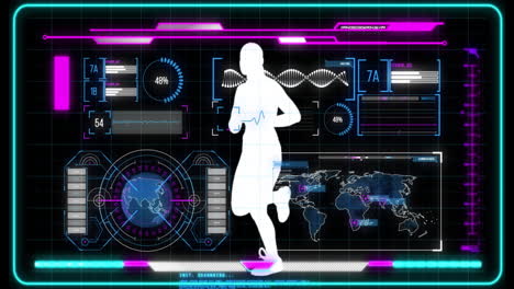 Animation-of-screens-with-data-processing-woman-running-on-dark-background