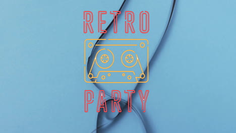 Animation-of-retro-party-text-over-tape-on-blue-background