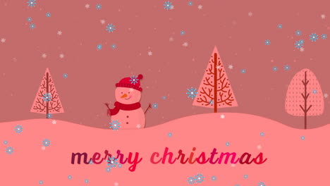 Animation-Von-Frohe-Weihnachten-Text-Und-Schnee-Fällt-über-Schneemann-In-Winterlandschaft