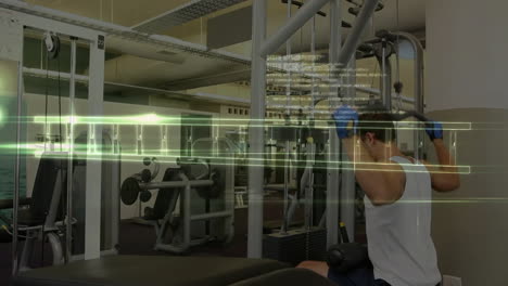 Animation-of-data-processing-with-dna-strand-over-caucasian-man-exercising-on-gym