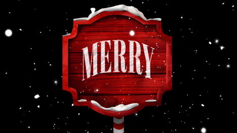 Animation-of-christmas-merry-text-on-red-sign-post-with-snow-falling-on-black-background