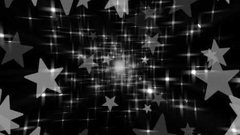 Animation-of-stars-and-glowing-lights-on-black-background