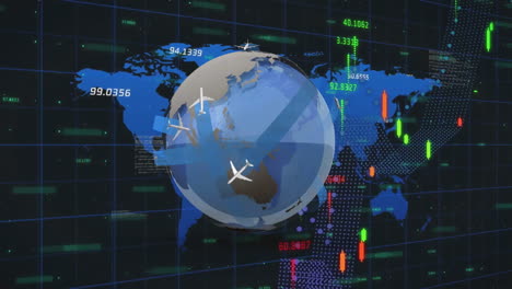 Animation-of-financial-data-processing-over-globe-with-airplanes