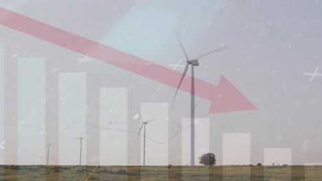 Animation-of-red-arrow-and-financial-data-processing-over-wind-turbines-field-in-countryside