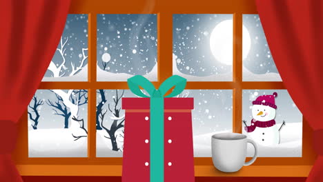 Animación-De-Nieve-Cayendo-Sobre-Regalo-De-Navidad-En-Ventana-Y-Paisaje-Invernal