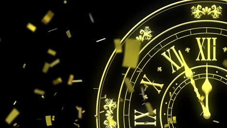 Animation-of-clock-showing-midnight,-confetti-and-fireworks-exploding-on-black-background