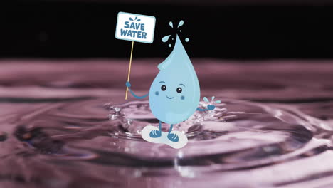 Animation-of-save-water-text-on-sign-held-by-water-droplet-on-water-background