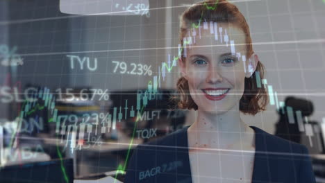 Animation-of-financial-data-processing-over-smiling-caucasian-businesswoman-in-office