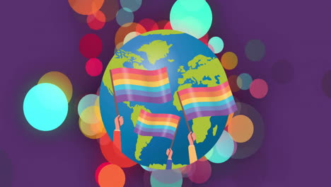 Animation-of-rainbow-flags-on-globe-over-rainbow-spots