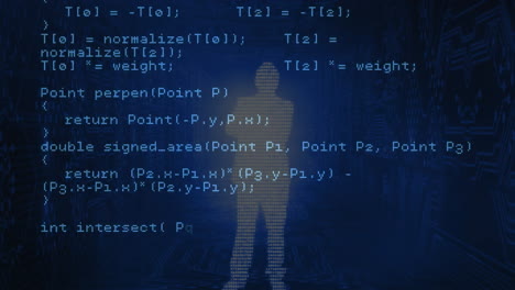 Animation-of-data-processing-over-human-silhouette-on-blue-background