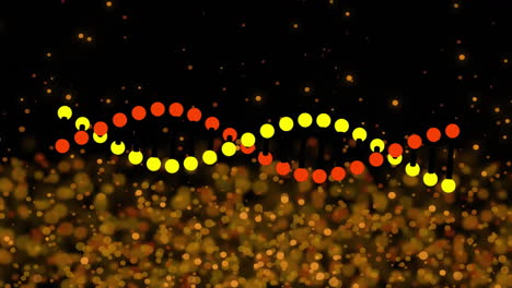Animation-of-molecular-structure-over-floating-golden-dust-on-black-background