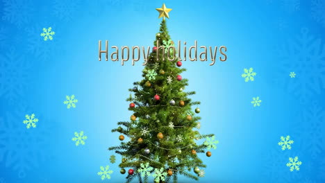 Animation-of-happy-holidays-text-and-snow-falling-over-christmas-tree-on-blue-background